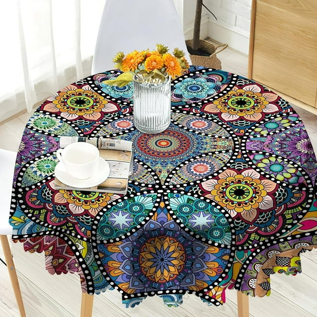 Nappe Ronde Boho 60 Pouces, Nappe Bohème, Nappe Colorée en Polyester Imperméable, Anti-Taches et Infroissable, Nappe Circulaire pour Intérieur et Extérieur, Housse de Table pour Maison, Cuisine, Salle à Manger, Fête, Déco de Patio