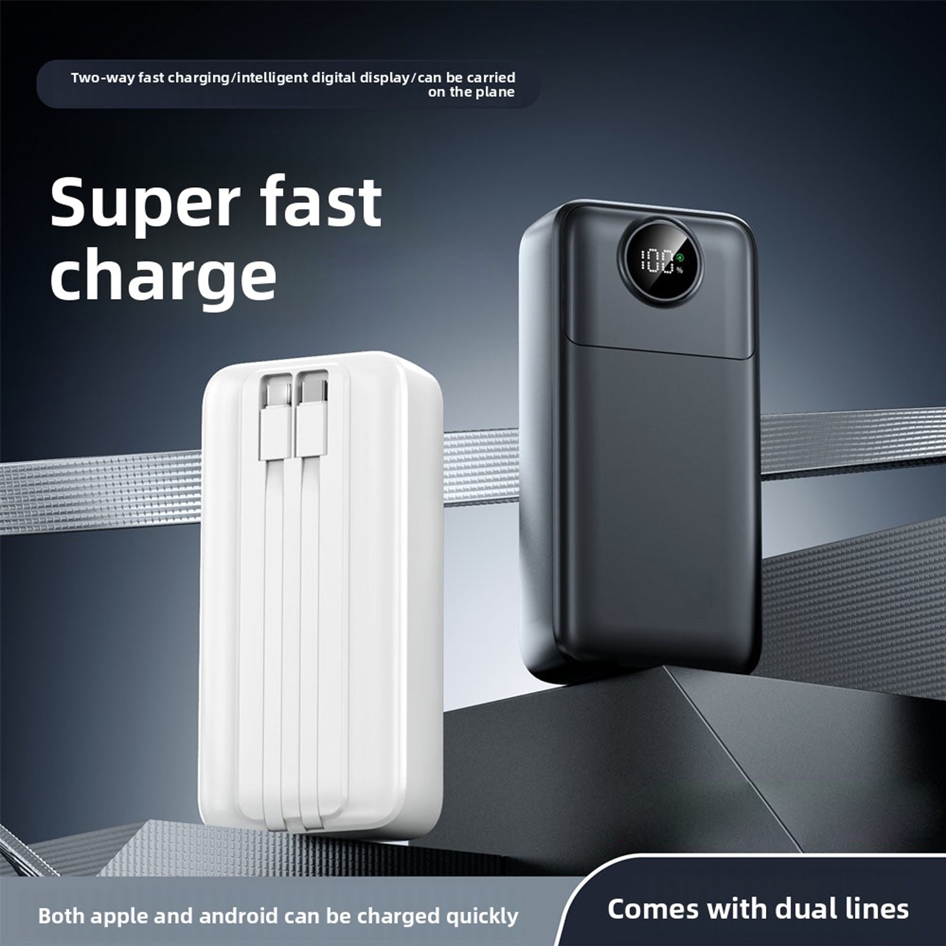 50000mAh Mini Portable Power Bank with Built-in 4 Cables (Micro/Type-C), Fast Charging, Smart LCD Display & Ultra-Bright LED Flashlight, - Battery Pack for Smartphones, for outdoor Travel Charger