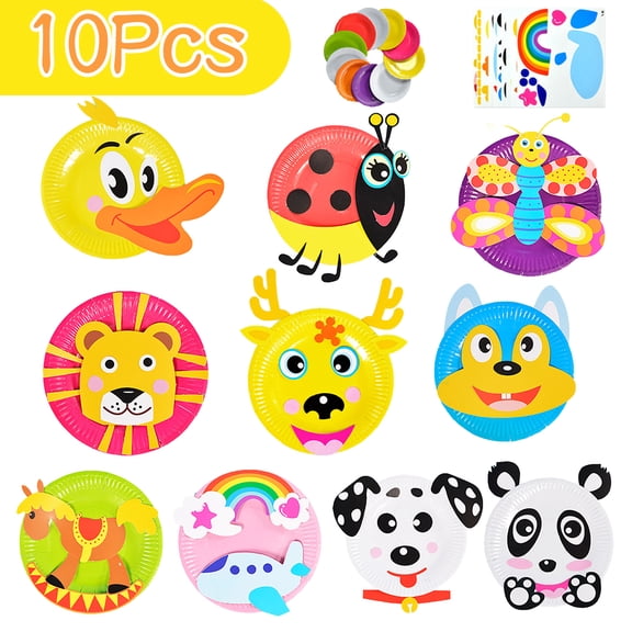 LNKOO 10Pcs Toddler Crafts Paper Plate Art Kit Arts and Crafts for Kids Boys Girls Preschool Easy Animal Plate Craft DIY Projects Supply Kit Creative Home Activity Craft Party Groups Gift