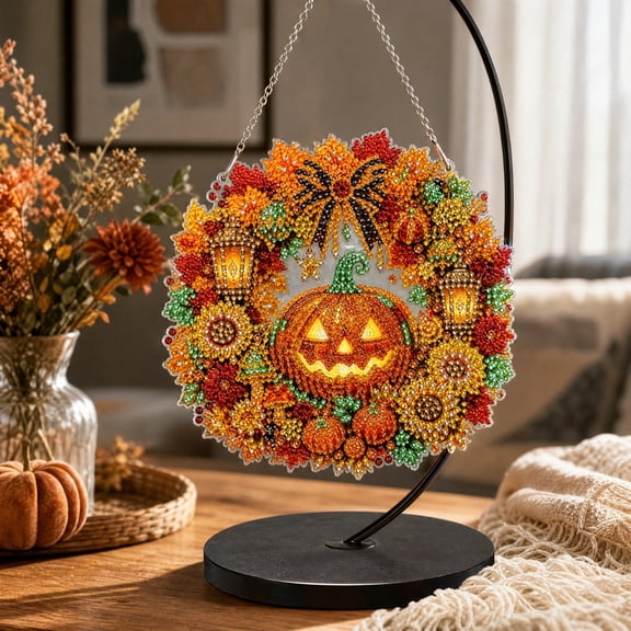 Halloween Pumpkin Diy Diamond Art Craft Hanging Wreath Kit, 3d Sparkling Pumpkin Shaped Diamond Pearl Art Craft Set, Decor for Wall Front Door Porch Indoor Wall Window Holiday Party Decoration