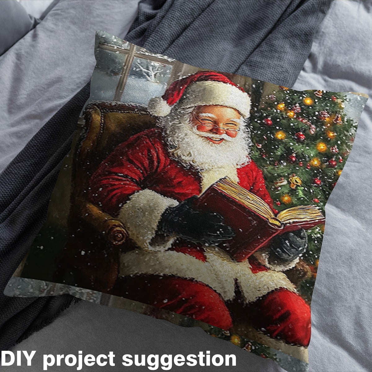 Feelyou Cartoon Santa Claus Fabric by the Yard 3 Yards, Winter Rustic Cabin Sewing Fabric, Teens Merry Christmas Home Decor Fabric by the Yard, Breathable Home Decor