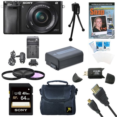Sony a6000 ILCE6000LB ILCE-6000L/B ILCE6000 Alpha a6000 24.3 Interchangeable Lens Camera with 16-50mm Power Zoom Lens BUNDLE with 64GB Class 10 Card, Spare Battery, Deluxe Padded Case, DVD SLR Guide,