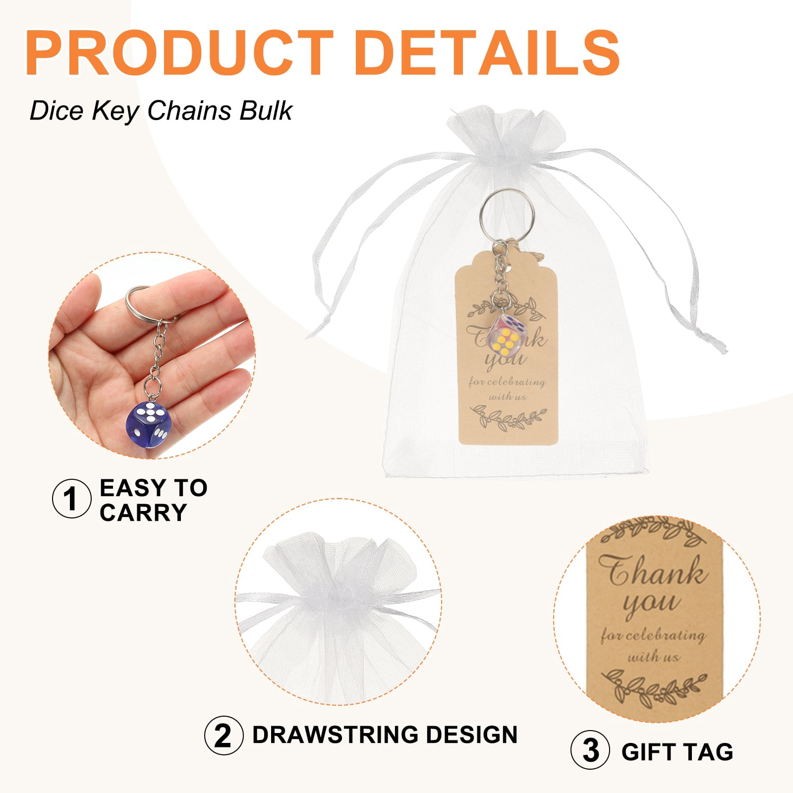 Uxcell Dice Key Chains Bulk with Jute Twine Gift Tag/Mesh Bag, Creative Keyring Charm Pendant for Bag Wallet Purse Car Cellphone Accessories, Transparent White/Blue/Red