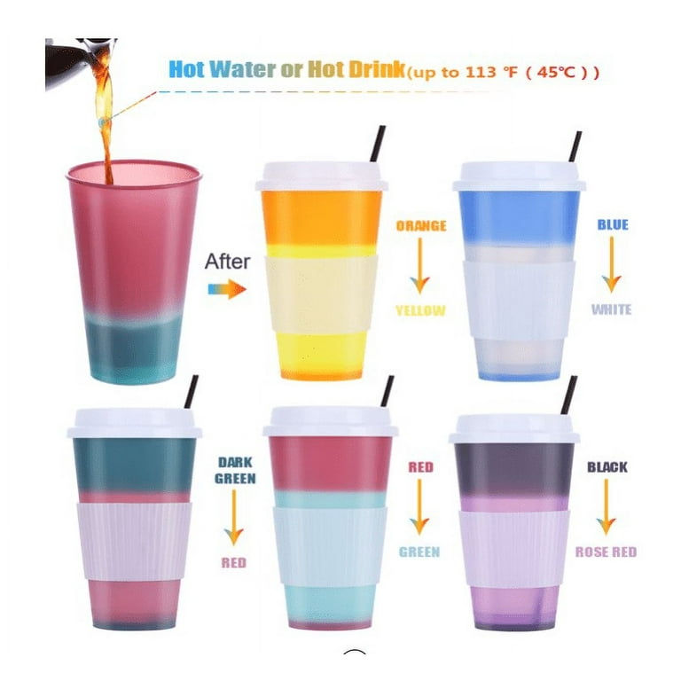 Heat Sensitive Coffee Magic Mugs - 5 Pack Color Changing Cups for Hot Drinking, 16 oz Reusable Cups with Lids and Silicone Sleeves, Party and Daily