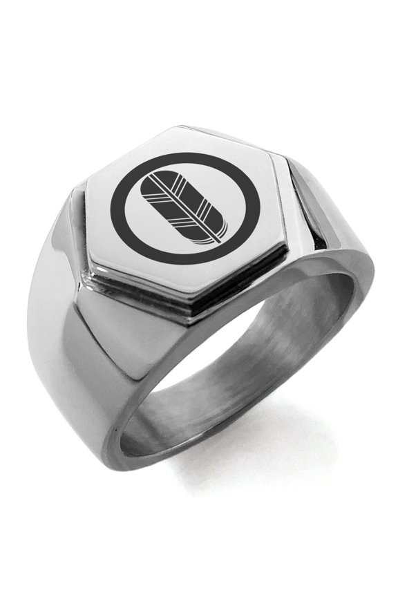 Stainless Steel Saigo Samurai Crest Engraved Hexagon Crest Flat Top Biker Style Polished Ring