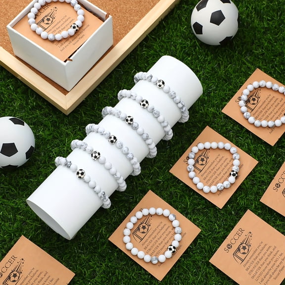 12 Set White Sports Team Bracelets with Inspirational Cards Bulk, Stretch Soccer Bead Sports Charm Bracelets, Football Party Favor for Players, Football Teams, Fans, Party Favors & Gifts