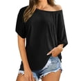 thumbnail image 4 of CAIVO Women's Summer Blouse Off Shoulder Shirts Casual Loose Short Sleeve Tunics Tops Trendy Solid Color Back To School Dailywear, 4 of 6