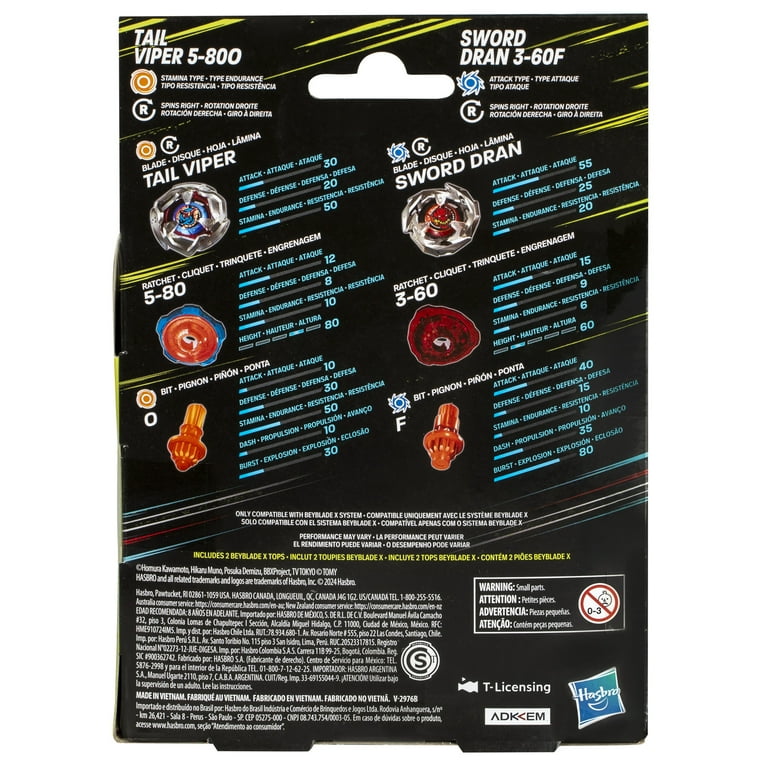 Beyblade X Tail Viper 5-80O & Sword Dran 3-60F Battling Top Duo