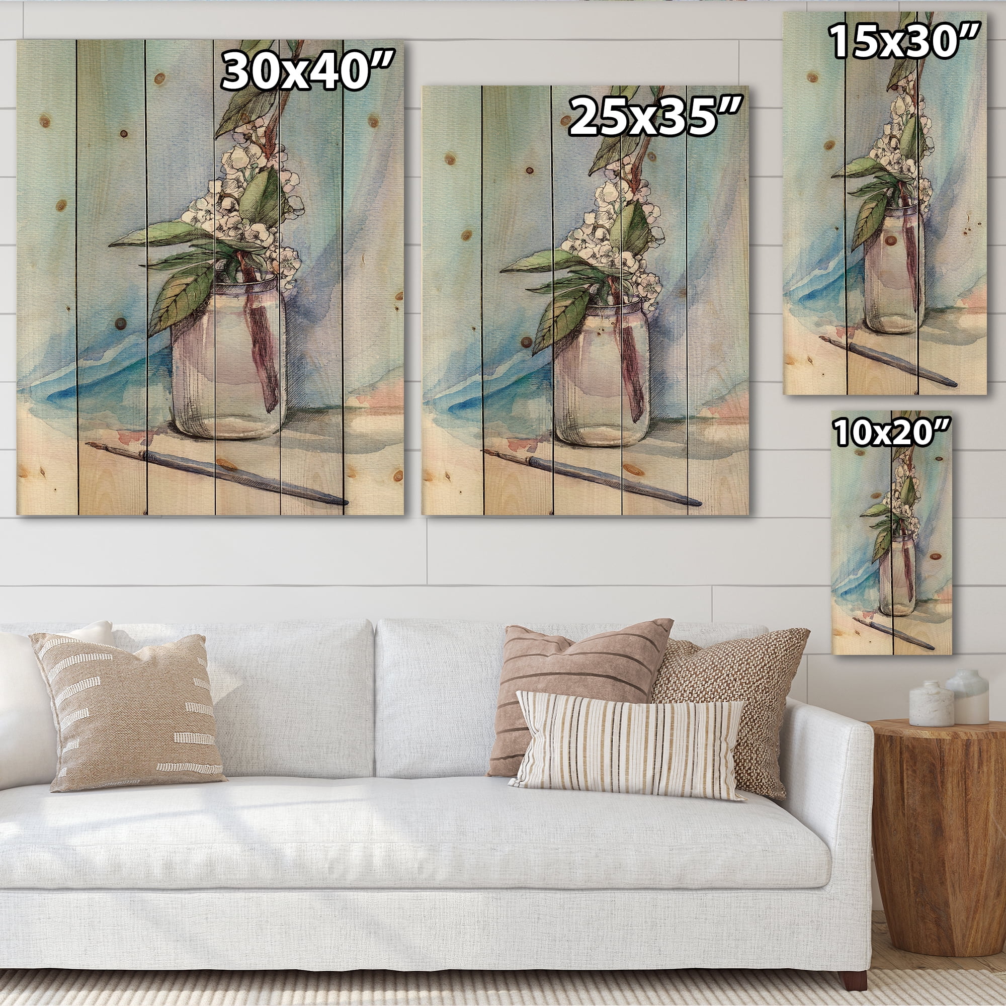 Designart 'Cherry Blossom Flowers In Glass Jar' Farmhouse Print on Natural Pine Wood