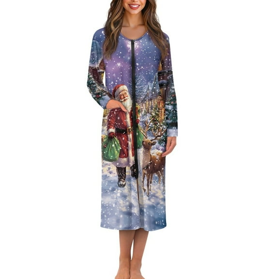 Yuyamidu Christmas Robes for Women with Pockets Santa Claus Zipper Front Bathrobe Lightweight Long Sleeve Robe Size 2XL Reindeer House Coat Casual Mid-Calf Length Nightgown