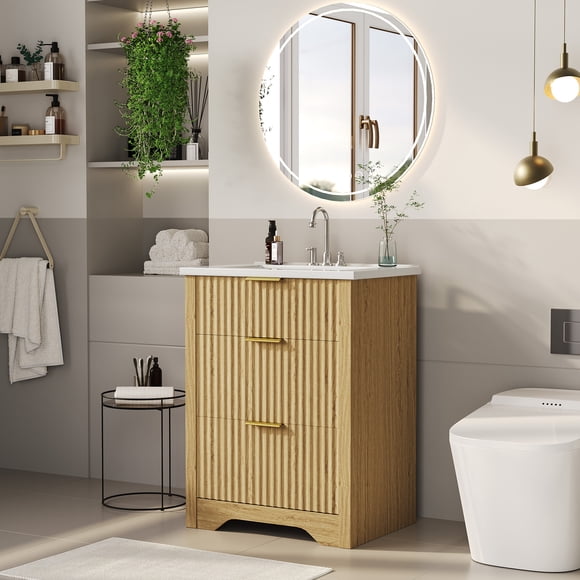 Garvee 24" Fluted Bathroom Vanity with Sink, Farmhouse Freestanding Bathroom Sink Cabinet with 2 Drawers & 1 Flip-Down Drawer, Easy Assembly & Cleaning, Wood