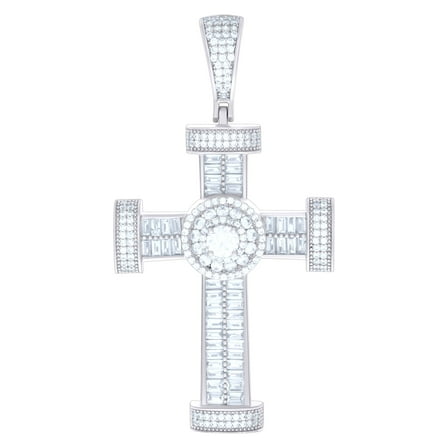 925 Sterling Silver Mens Baguette Round Cubic-Zirconia Cross Religious Charm Pendant