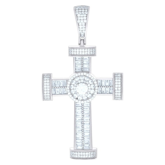 925 Sterling Silver Mens Baguette Round Cubic-Zirconia Cross Religious Charm Pendant