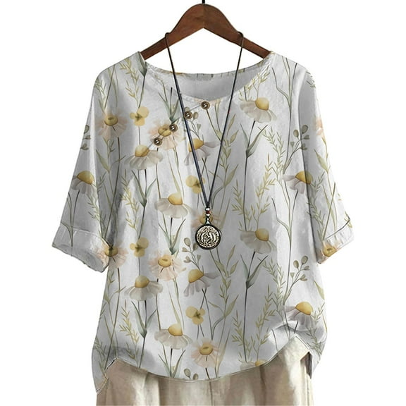 CLOOCL Plus Size Women Blouse White Daisy Printed Casual Mid Sleeve Shirts Summer Tops