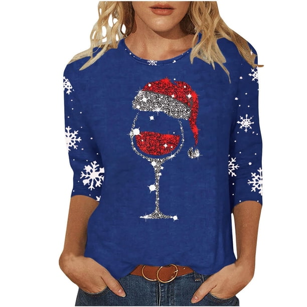 Navidad Mujeres Tops, Manga 3/4 Cuello Redondo Suéter con Impresión de Vacaciones, Camiseta de Manga Larga