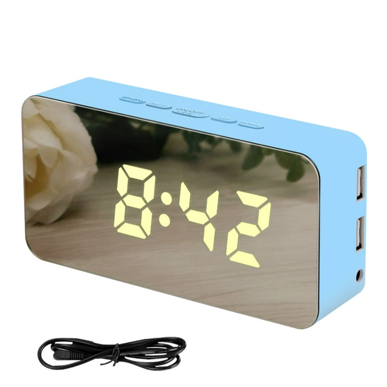 TureClos LED Alarm Clock Digital Voice Control Makeup Mirror Colorful  Desktop Thermometer Phone Charger, Blue
