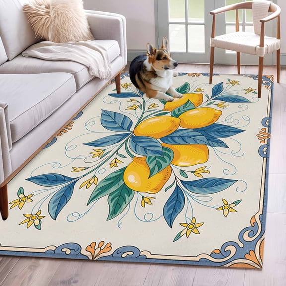 Yellow Blue Lemon Area Rug 4x6 Washable Rug Non Slip Summer Botanical Farmhouse Large Area Rug Indoor Floor Carpet for Entryway Bedroom Kitchen Living Room Home Office Dining Room Nursery