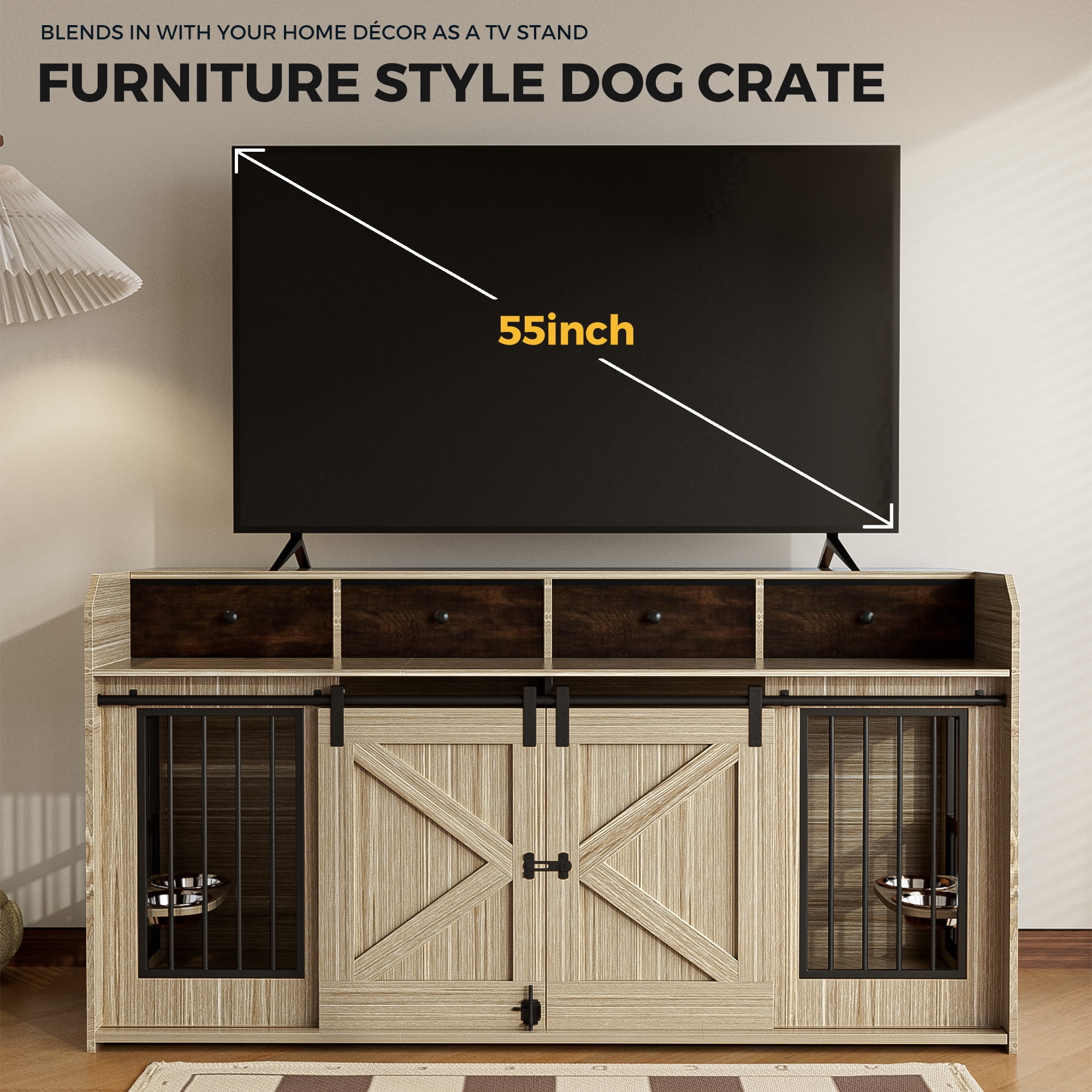 Advwin 63" Wooden Double Dog Crate Furniture with Drawers, Divider, Sliding Doors and Dual Feeding Stations, TV Stand Dog Kennel for 2 Small/Medium Dogs, Light Brown