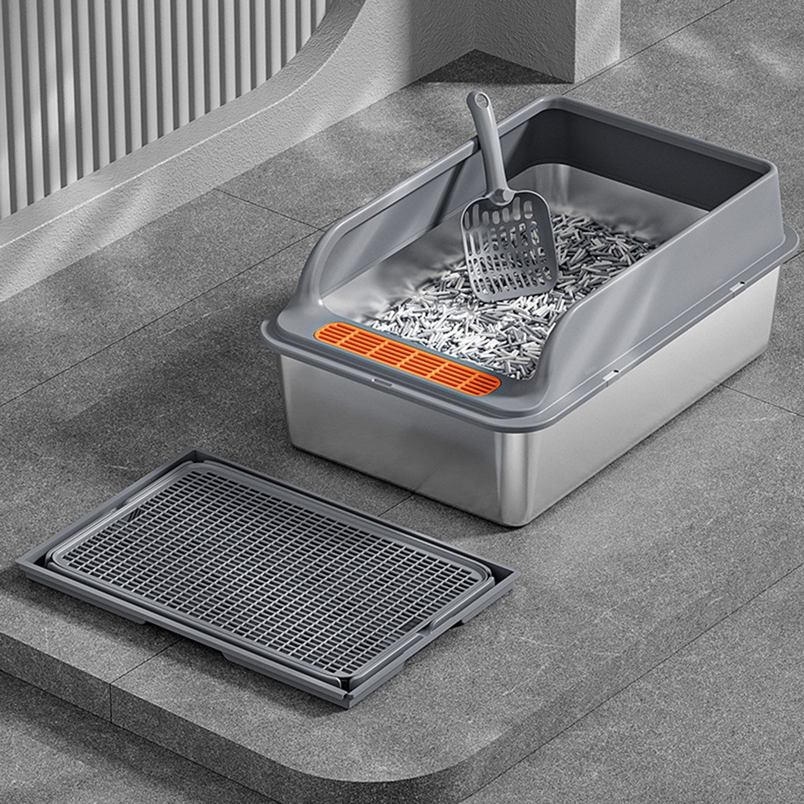 Barhoo Stainless Steel Sifting Litter Box with Lid - Extra Large Cat Litter Pan System for Pellets & Big Cats - Metal Odor Control Litter Box with Scoop Included, Easy Clean & Durable for Indoor
