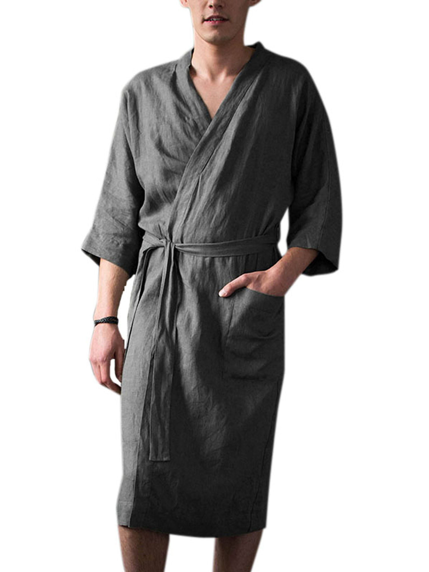 Men's Plus Size Linen Pajamas Kimono Bathrobe Belt Pocket Loungewear