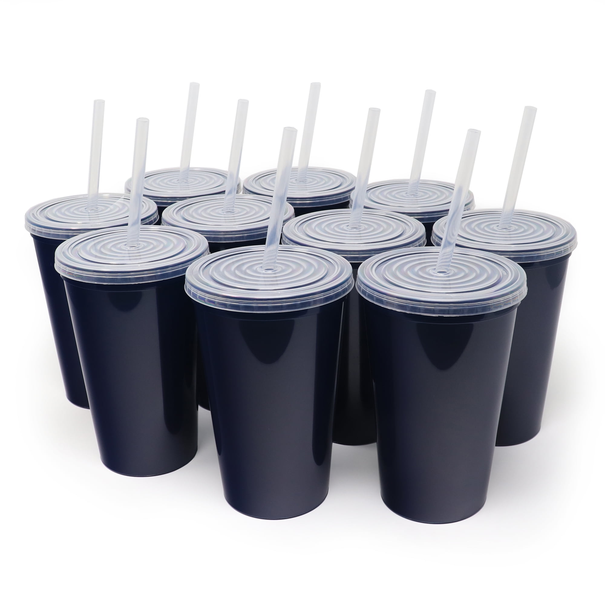 Rolling Sands 22 oz Reusable Plastic Cups with Lids, 10 Pack, USA Made Black Tumblers; Includes 10 Reusable Straws; Dishwasher Safe