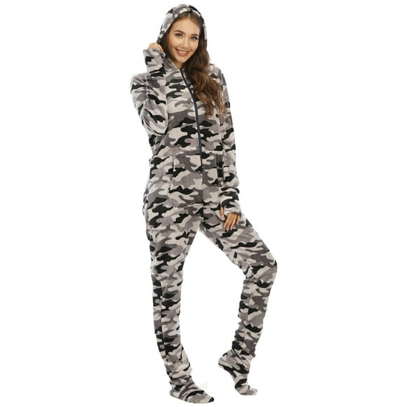 jsaierl Women's Warm Sherpa Romper Fuzzy Fleece Onesie Pajama One Piece Bear Print Cute Zipper Hooded Jumpsuit Sleepwear Playsuit Christmas Pajamas