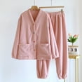 thumbnail image 3 of Women's Pajama Sets Fall Winter Cozy Warm Solid Button V-Neck Tops and Pants Outfits Fluffy Plush Loungewear with Pockets, 3 of 3