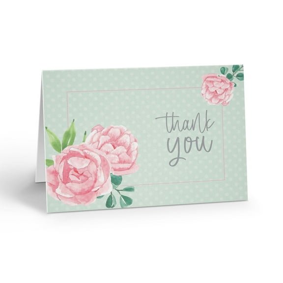 Pink Flowers Thank You Note Card - 10 Note Cards with Envelopes - B14440