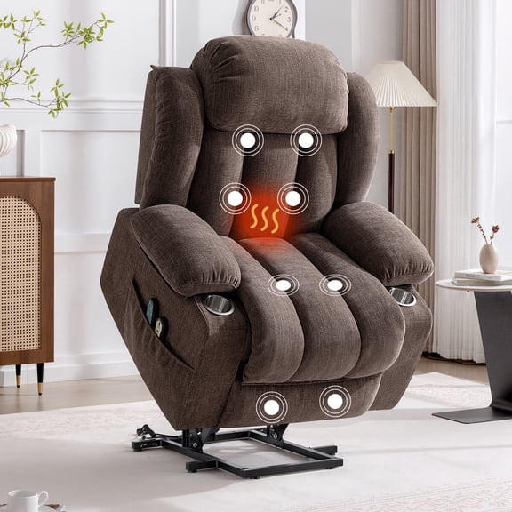 ATHOPE Power Lift Recliner Chair for Elderly with Vibration Massage and Lumbar Heating for Living Room, Electric Oversized Single Sofa with Cup Holder and Side Pockets, Brown