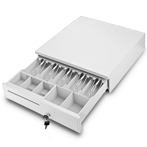 POS Cash Register Drawer Box (Beige) RJ-11 Key Lock with 5 Bill & Coin Removable Trays For Restaurant Koisk Retail Compatible with Star Epson Citizen Receipt Thermal Printers