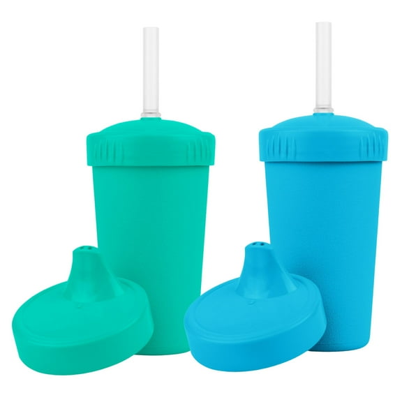 Re-Play Grow With Me 10-oz Cups 2-Pack - USA Made Recycled Plastic Base, No-Spill Sippy Lid & Straw, BPA-Free - Aqua, Sky