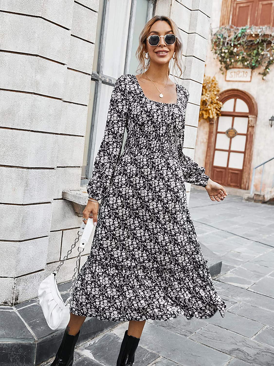 Smocked Waist Dress Long Sleeve Ruffle 