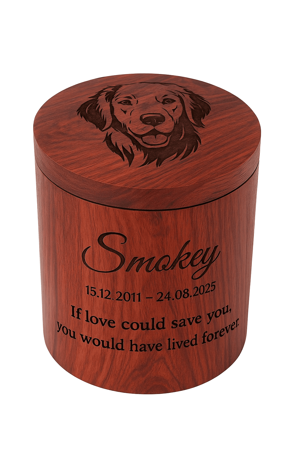 Custom Pet Portrait Engraved Wooden Urn Box for ashes, Cremation Dog Urn for Ashes