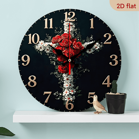 A 10-inch 2D flat wooden round wall clock themed red rose bouquet. Suitable for bedroom living room office decoration. Can be a Mother s Day gift.
