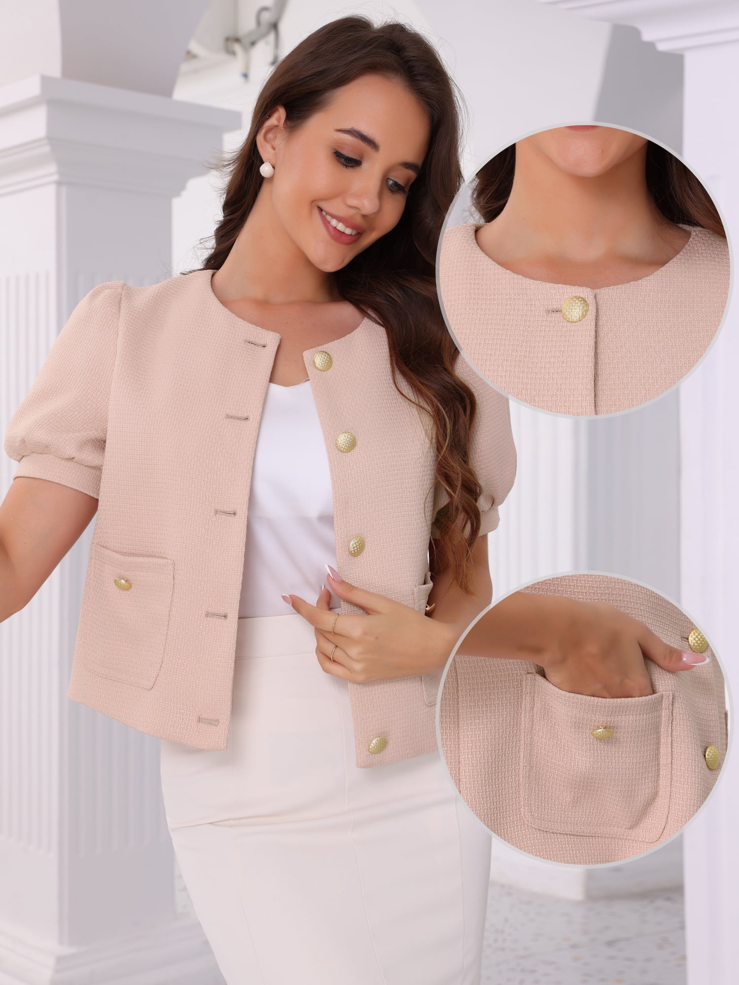 DARING DIVA Cropped Tweed Puff Short Sleeve Crew Neck Office Blazer M Light Pink