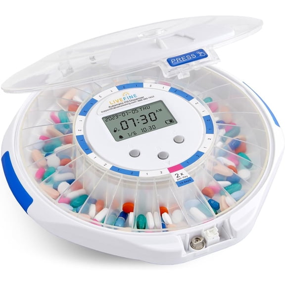 LiveFine Automatic Pill Dispenser 28-Day Organizer with 6 Dosage Rings LCD Alerts Key & Magnifier