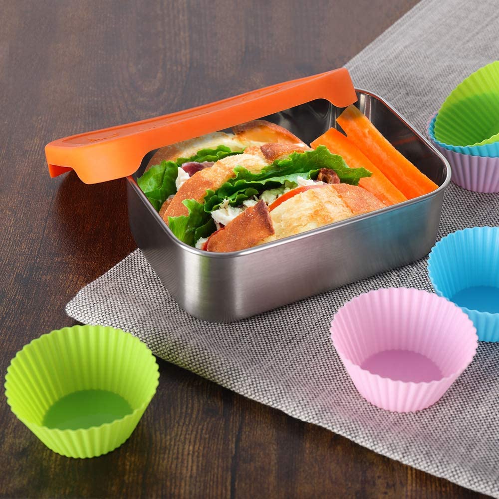 Stainless Steel Lunch Container, 28 oz Leak Proof Lunch Box Set with Orange Food Grade Silicone Lid and 6 Muffin Cups