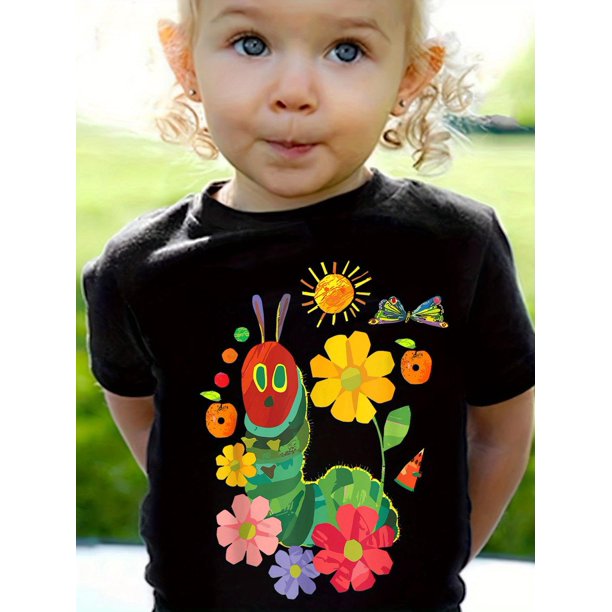 Girls Cartoon Caterpillar Print 100% cotton Short Sleeve T-shirt, Comfy Casual Tees For Girls Summer