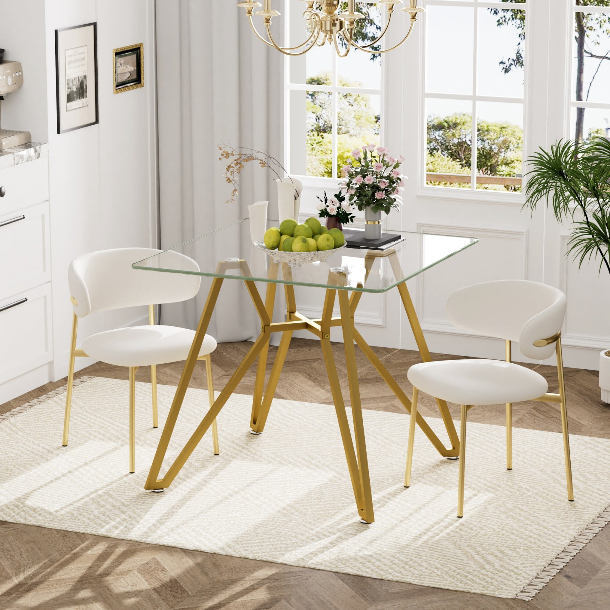 AENKYO 35.4'' Modern Glass Dining Table, Square Tempered Glass Top with Metal Legs, Small Kitchen Table for Home, Gold