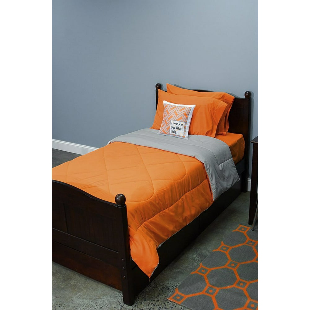 Orange and Light Gray 5 Piece Dorm Twin XL Reversible Bed In A Bag with