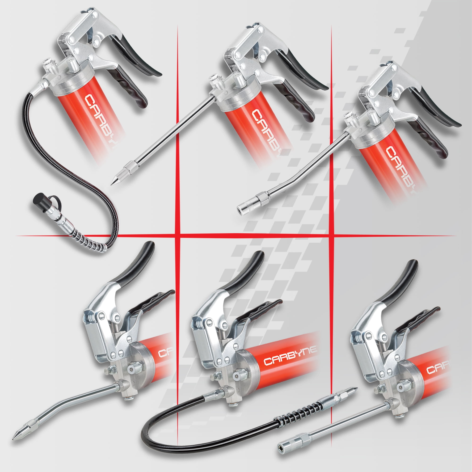 Carbyne Grease Gun, Pistol Grip, 7500 Psi, Steel Barrel, 3-Way Loading, 18 in. Hose, Straight and Angled Tubes, Needle Nozzle, Coupler