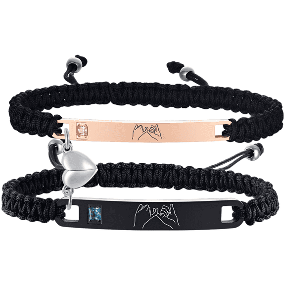 Couple Bracelets Set, with Strong Attachment Force Heart, Stainless Steel Inlaid Diamond, Adjustable Braided Rope, Engraved Promise Pattern, Gift for Lovers