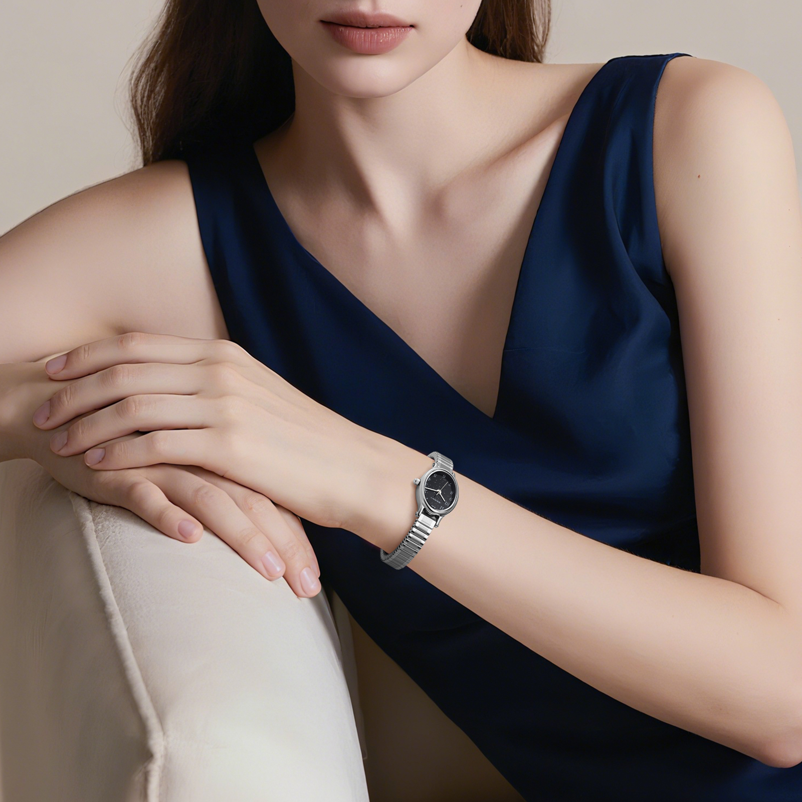 BERNY Small Silver Watches for Women, Dainty Luxury Oval Dial, Expansion Band Watch, Fashion Ladies Analog Quartz Watch, Waterproof Women Wristwatch Gifts, Black