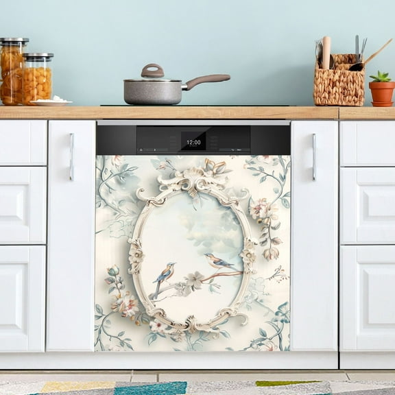 Mirror with Floral and Bird Dishwasher Magnet Cover Magnetic Fridge Door Cover Home Kitchen Decor 23"x 26"