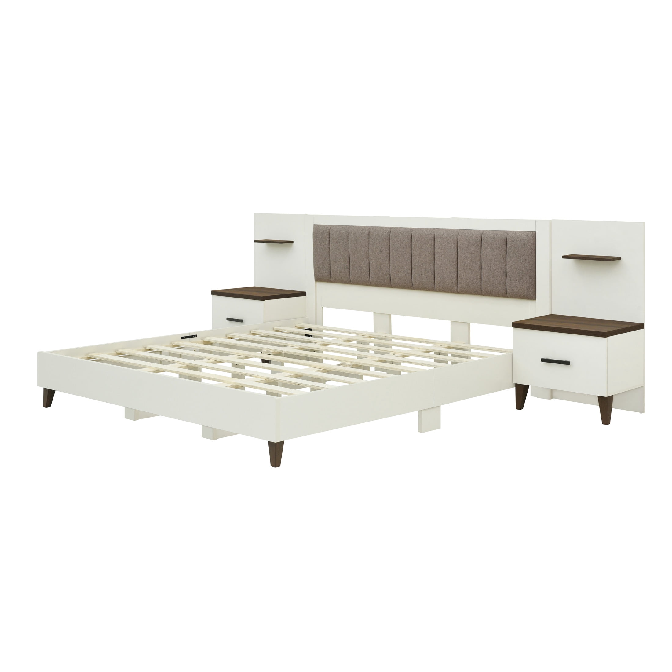 Christopher Knight Home Upholstered King Bed Frame with 2 Nightstands & Floating Shelves, Brown+White