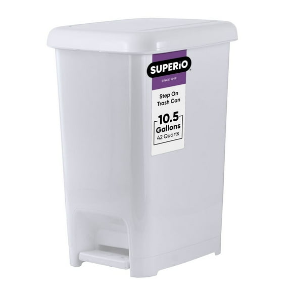 Superio Slim Step On Pedal Plastic Trash Can, Waste Bin - 42 Qt, White Smoke