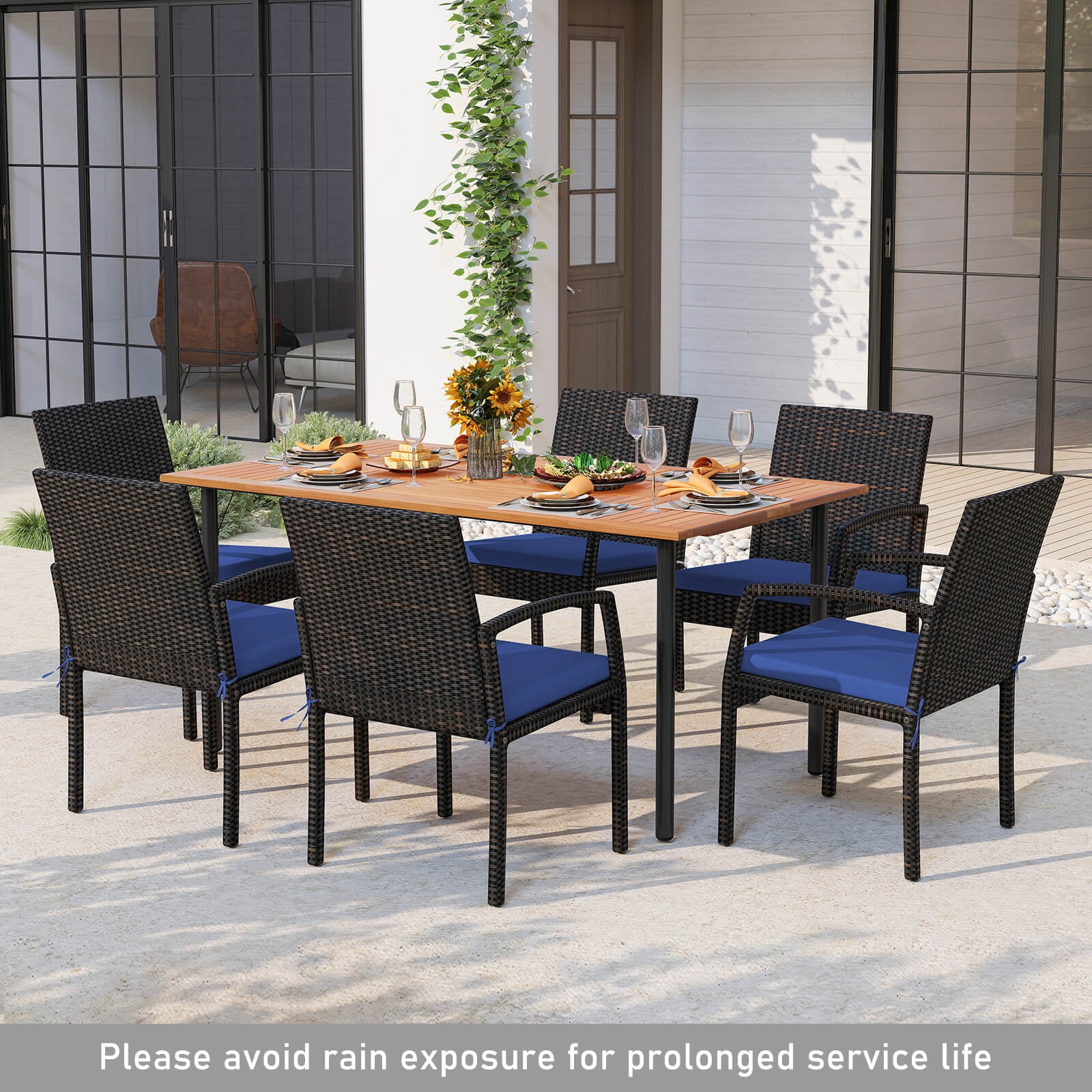 Costway 7PCS Patio Rattan Dining Set W/ Cushion Umbrella Hole Navy