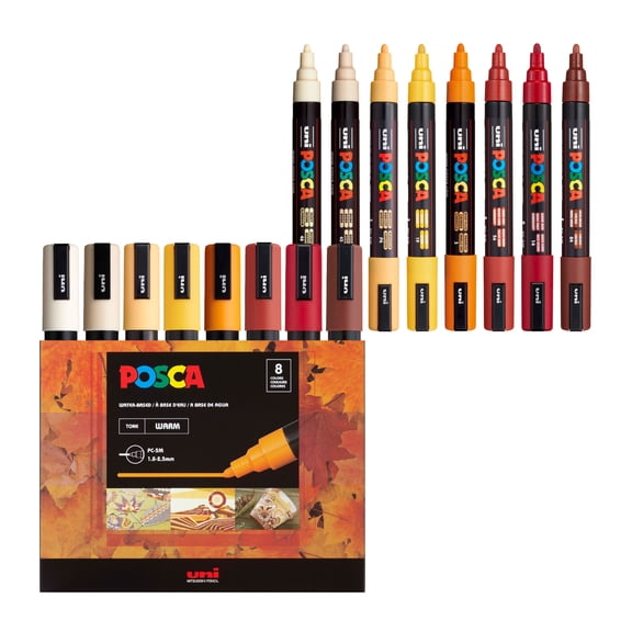 uni POSCA PC-5M Warm Tone Water-Based Paint Markers, Reversible Medium Tip (1.8-2.5mm), Warm Tone Ink Colors, 8 Count