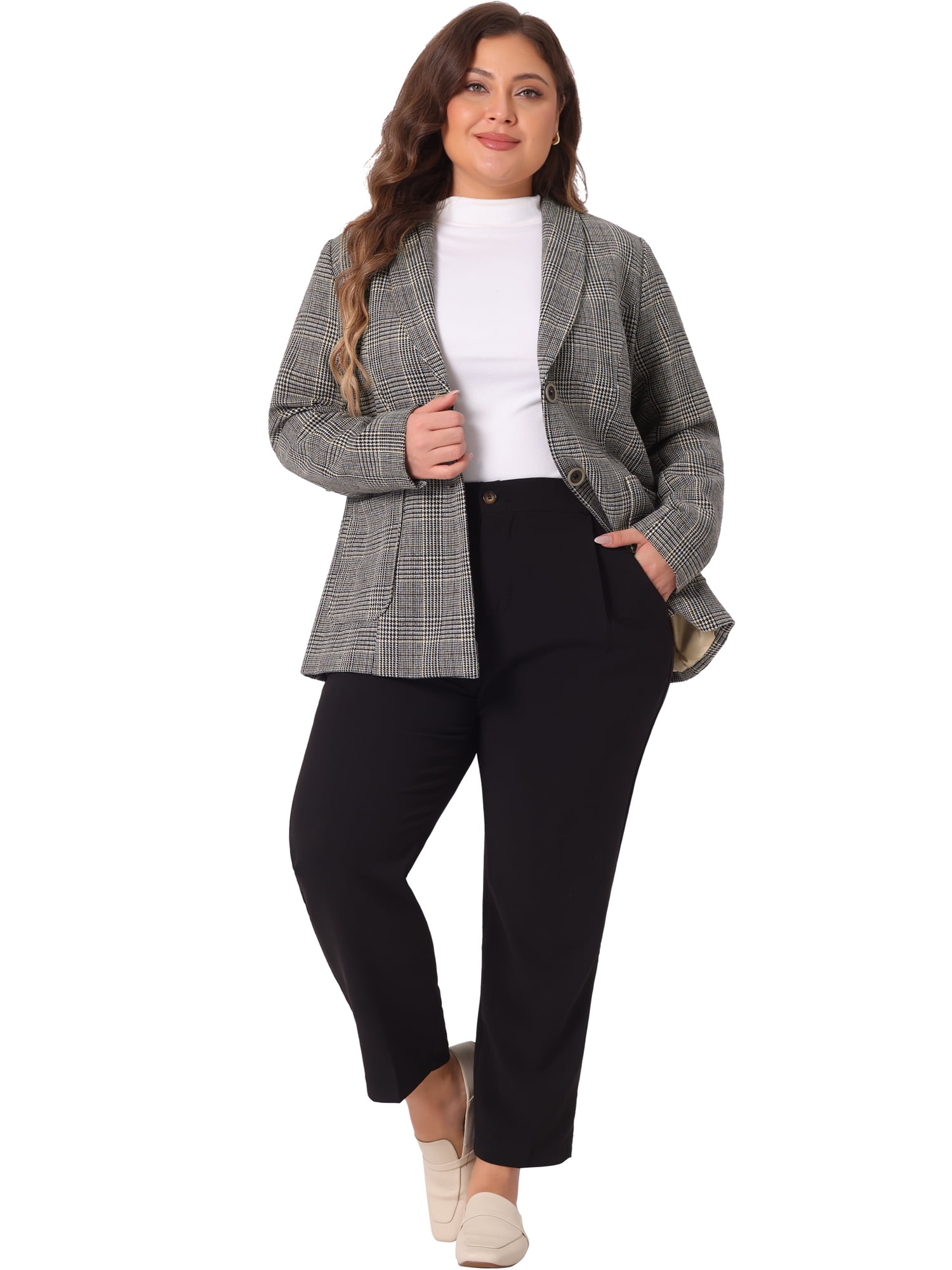 DARING DIVA Women's Plus Plaid Lapel Jacket Work Single Breasted Blazers Black Brown 1X