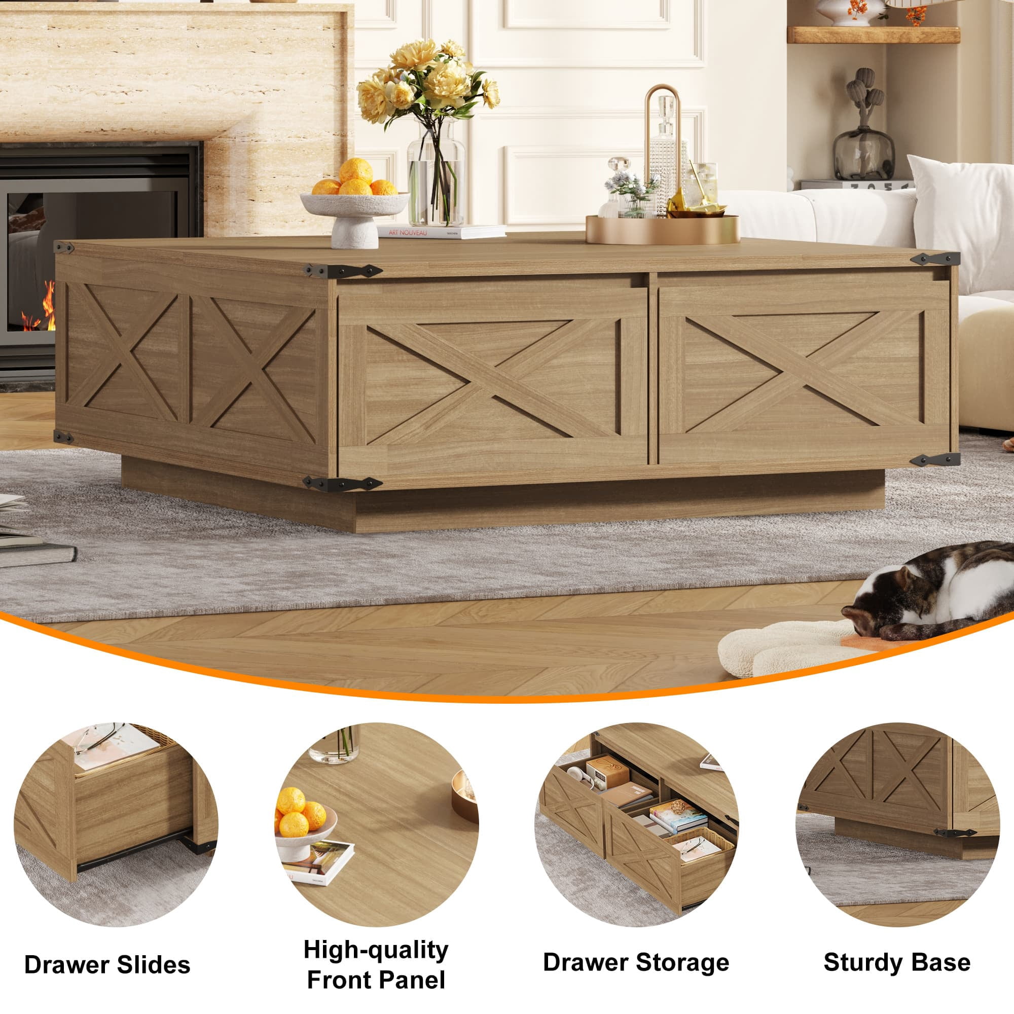 47" Farmhouse Square Coffee Table with 4 Storage Drawers, Rustic Wood Center Table for Large Living Room & Sectional Sofa, Modern Floating Base Design